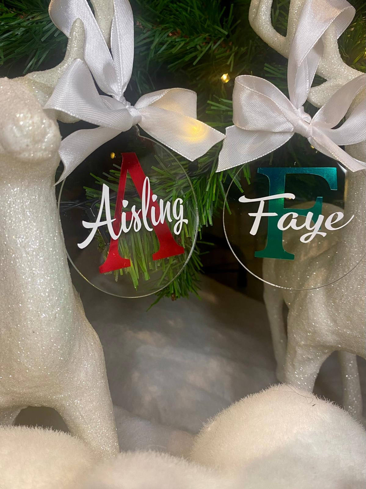 Green Initial White Bow Bauble