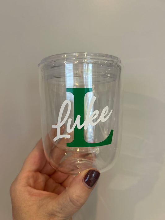 Double Walled Green Initial mug insulated lid open spout