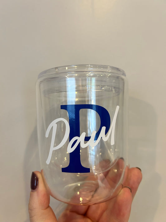 Double walled Blue Initial mug insulated lid and open spout