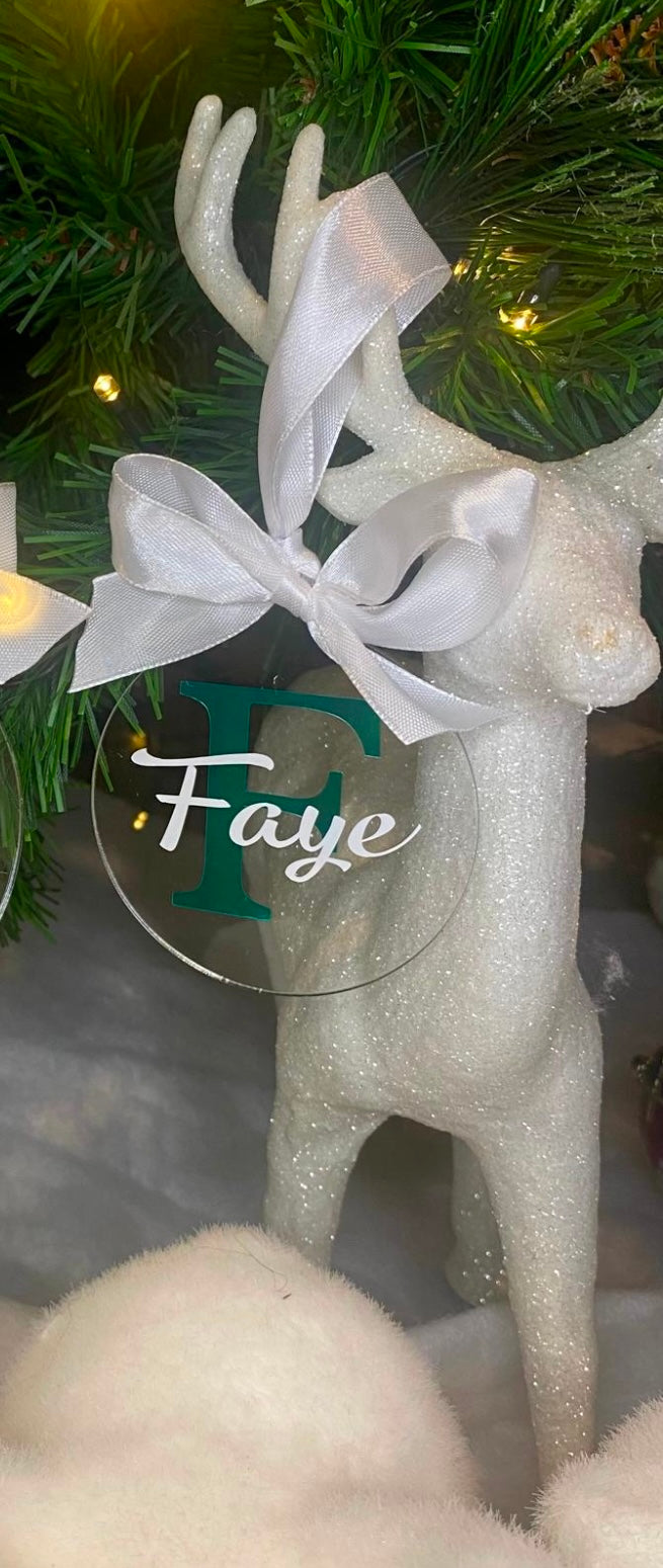 Green Initial White Bow Bauble