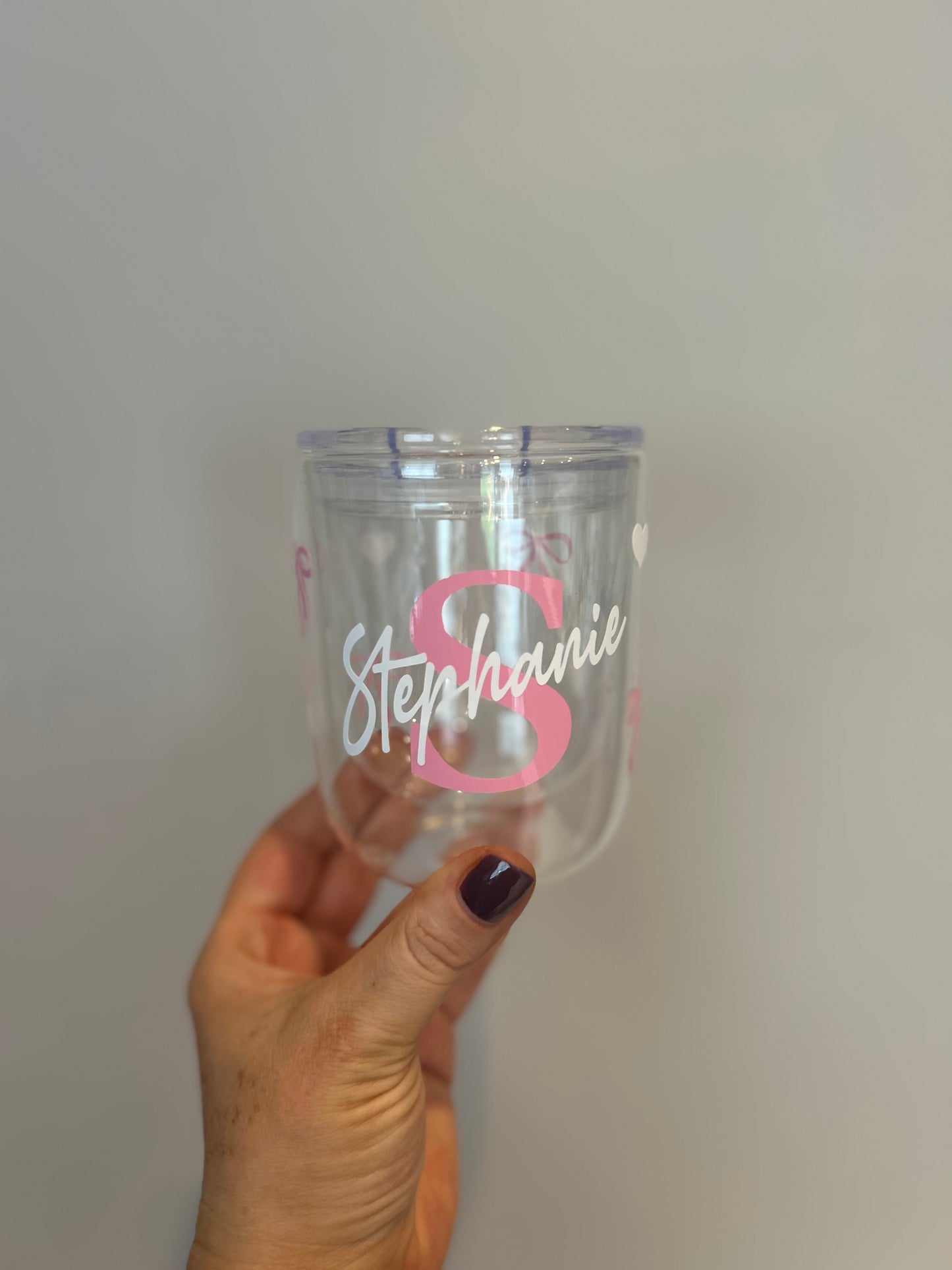 Double Walled Pink Bow Cup with Lid and Open Spout
