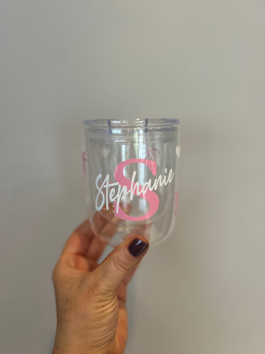 Double Walled Pink Bow Cup with Lid and Open Spout